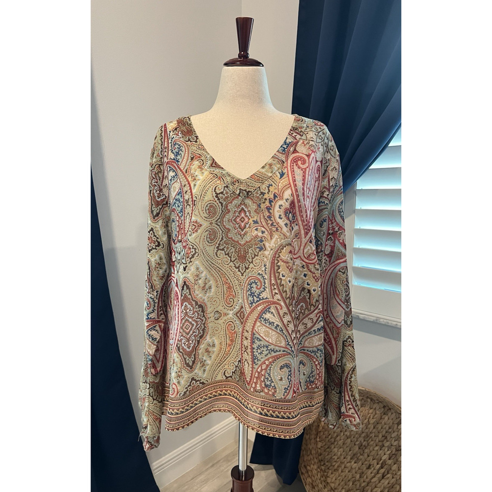 DGNY 100% COTTON‎ BLOUSE Bell Sleeve Casual Office Boho Paisley 3X